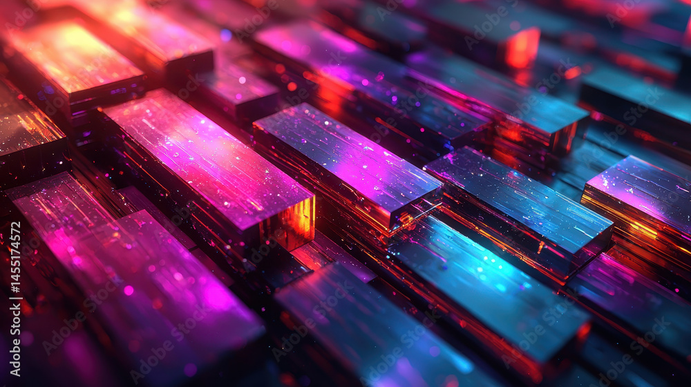 Poster an angled view of realistic colorful 3d blocks creating an abstract patterned background with glowin