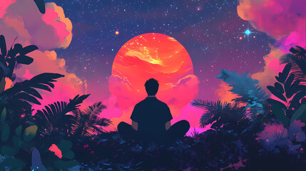 Bohemian-style meditation with spiritual balance and energy fields in a cosmic backdrop. [Neon Folklore] | Aura Lore | spiritual energy. Illustration