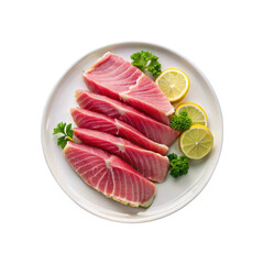 Fresh Raw Tuna Sashimi Platter with Lemon and Parsley Garnish