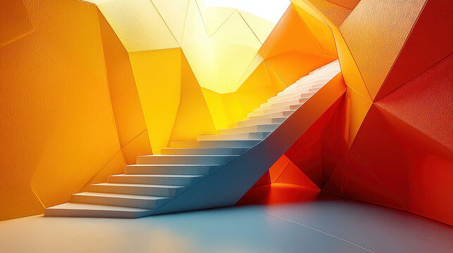 Geometric 3D background shows a realistic staircase narrative bathed in warm colors, creating a 4K side view of abstract architectural exploration and design.
