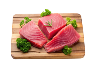 Fresh Raw Tuna Steaks on Wooden Cutting Board with Parsley and Rosemary