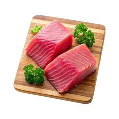 Two Slices of Fresh Red Tuna on a Wooden Cutting Board with Parsley Garnish