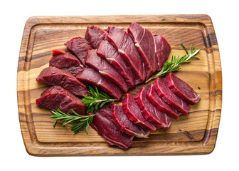 Raw red meat slices on wooden board with rosemary sprigs