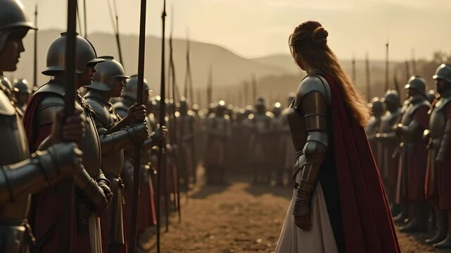 A female warrior stands confidently before a formation of soldiers on a medieval battlefield.