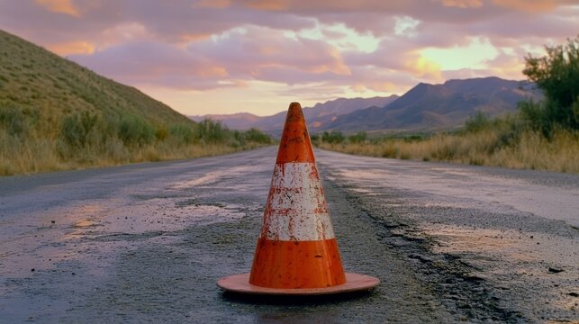 Orange traffic cone on wet rural road at sunset in mountainous landscape