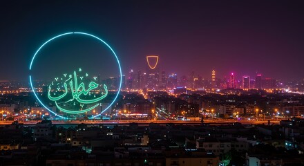 City at Night with Neon Circle and Arabic Script