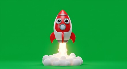 fun cartoon rocket launching upward as a symbol of success, centered on isolated green screen
