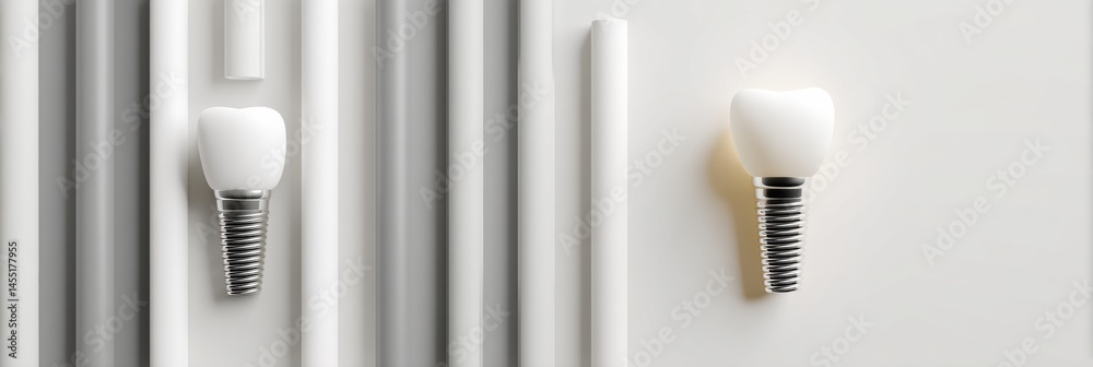 Poster Minimal Design Featuring a Single Clean Tooth Implant Against a Smooth, Neutral Background With Ample Copy Space for Branding or Messaging Generative AI