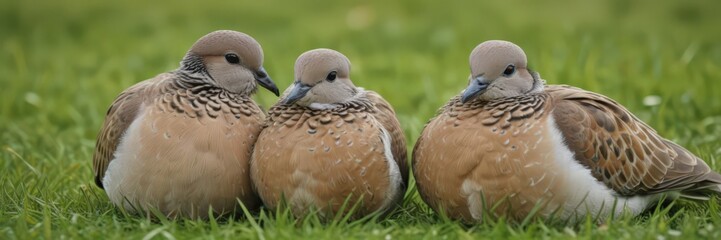 Obraz premium Close-up of two European turtle doves preening in green grass , pair, summer, spring