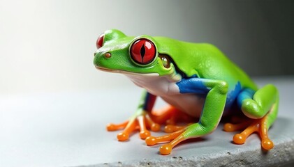 Obraz premium Red-eyed tree frog on white, striking contrast, exotic, wildlife photography, isolated background