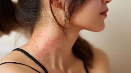 A closeup view of inflamed red skin rash, highlighting itchy bumps due to allergy or dermatitis.