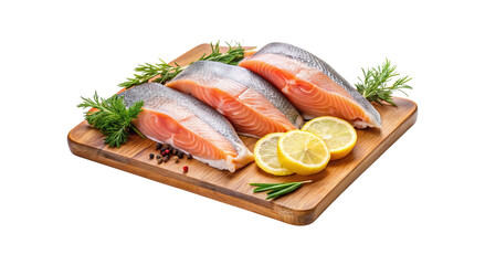 Three Fresh Salmon Fillets on Wooden Cutting Board with Lemon and Herbs