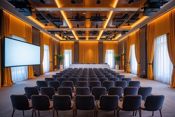 Fototapeta premium Stylish Bright Auditorium Space for Corporate Events Featuring a Digital Screen