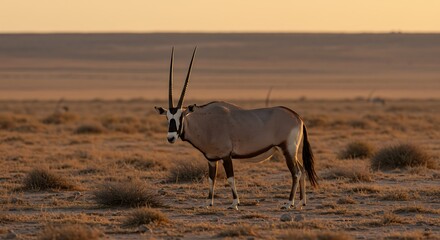 Fototapeta premium Standing Oryx in Open Savannah During Sunset
