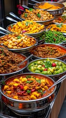 Fototapeta premium Indian Curry Buffet with Various Dishes and Sides, Perfect for Culinary Events and Catering Services