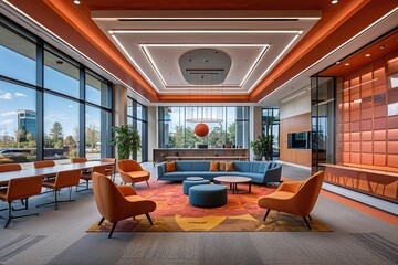 Vibrant Modern Corporate Lobby with Innovative Workshop Spaces and Stylish Interior Design