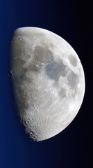 Detailed view of a half moon with visible craters against a dark sky, showing the lunar surface and texture.