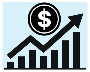 Financial Growth Vector Icon, Dollar Coin with Upward Trend Arrow And Bar Chart Design, Investing Icons.