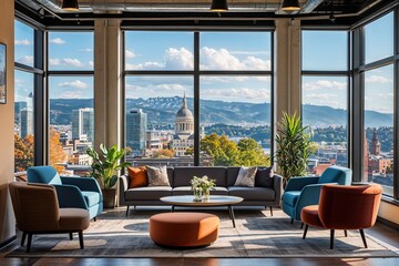 Spacious Office Lounge Featuring Large Windows Modern Seating and Scenic City Views