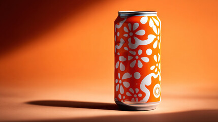 Obraz premium A close-up photo of a soda can sitting on an orange table with a white flower design on its side