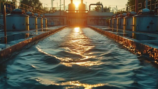 Water treatment facility industrial processing water flow system reflecting sunlight