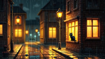 Fototapeta premium Pixel Art Cozy Night Street Scene with Glowing Lamps, Rain, and Cat in 16-Bit Retro RPG Style ai generated
