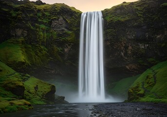 Scenic Waterfall Landscape Photography Flowing Water, Rocky Terrain, Lush Greenery, Nature's Beauty.