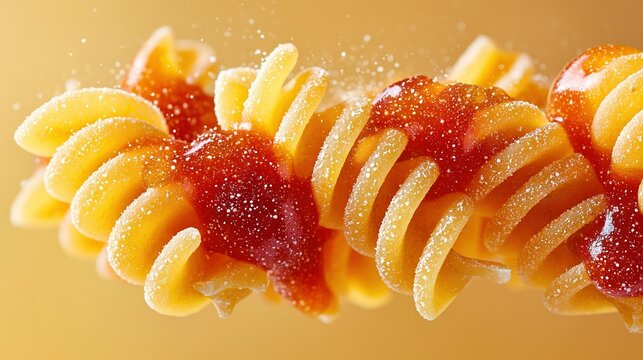   A close-up image of a colorful pasta dish, adorned with succulent fruit toppings and a refreshing splash of water drizzled on top, tantal