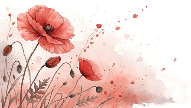 Delicate red poppy flower illustration in watercolor style for romantic decor, copy space