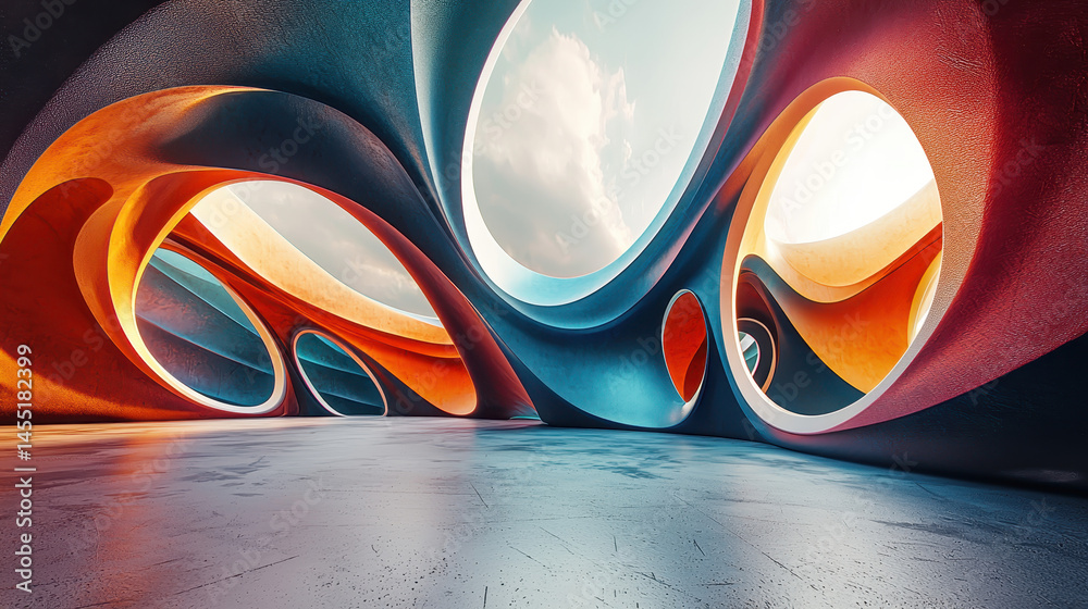 Poster a symmetrical artistic background with 3d rendered shapes in realistic 4k resolution displaying blue