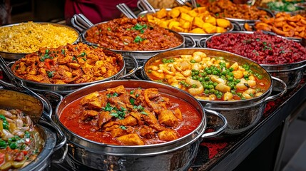 Obraz premium Indian Curry Buffet with Various Dishes and Sides, Perfect for Culinary Events and Catering Services