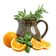 Orange Slices Basil and Rosemary in a Ceramic Jug Isolated on Transparent Background