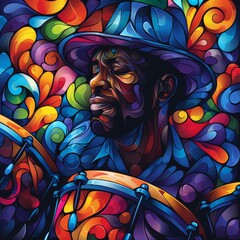 Obraz premium Vibrant abstract portrait of african male musician playing drums