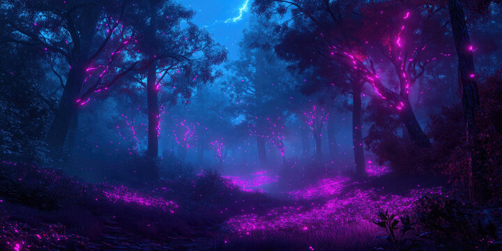 Magical Blue and Purple Night Forest Enchanting Fantasy Background
