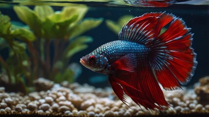 Vibrant betta splendens fish displaying its majestic fins in a freshwater habitat