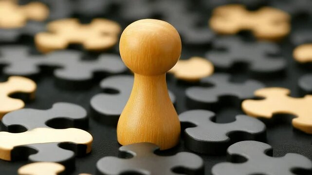 Single wooden pawn standing amidst black and gold puzzle pieces