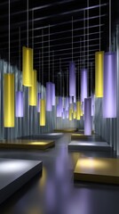 Obraz premium Modern gallery space with hanging geometric shapes and illuminated platforms in purple and gold tones, creating an artistic composition.