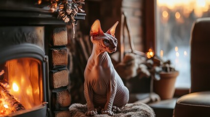 Sphinx cat by fireplace