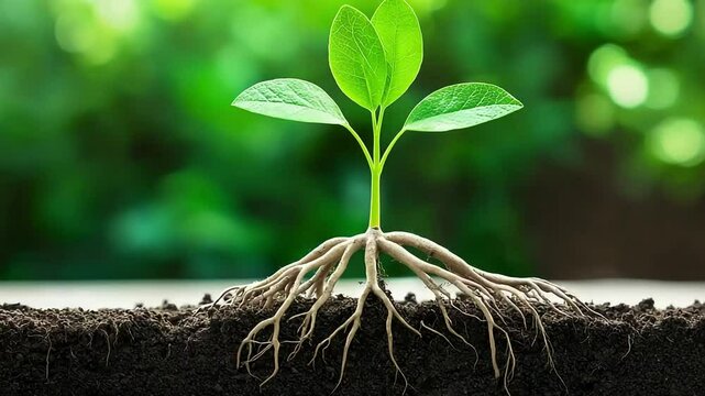 Small plant with exposed roots against a blurred green background, symbolizing growth and new life
