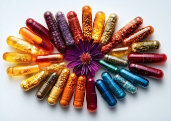 Obraz premium Organic herbal capsules arranged in floral radial style on neutral background symbolizing natural supplements and wellness 