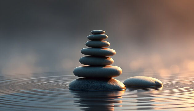 Zen Stones on Tranquil Water with Soft Fog &ndash; Spiritual Minimal Art, No 168