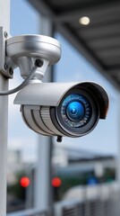 Surveillance camera mounted outdoors near roadway for security and crime prevention in urban area