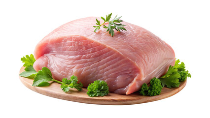 Raw Turkey Breast Fillet on Wooden Board Garnished with Fresh Parsley