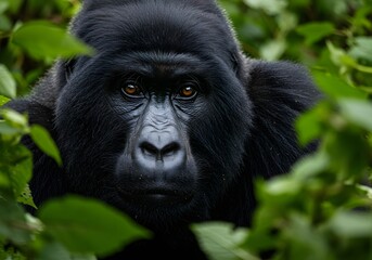 Obraz premium Majestic Silverback Gorilla in Lush Green Foliage, Close-Up Portrait.