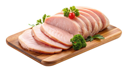 Delicious Slices of Fresh Raw Tuna on Wooden Cutting Board with Parsley and Tomato