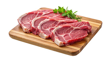 Fresh Raw Lamb Chops on Wooden Cutting Board with Herbs