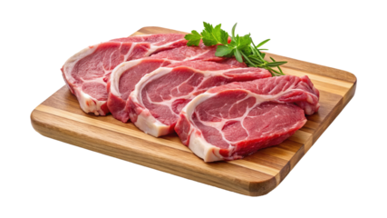 Fresh Raw Lamb Chops on Wooden Cutting Board with Herbs