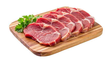 Fototapeta premium Fresh Raw Beef Steaks on Wooden Cutting Board with Parsley Garnish Ready for Cooking