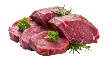 Closeup view of fresh raw red meat steaks garnished with rosemary and parsley