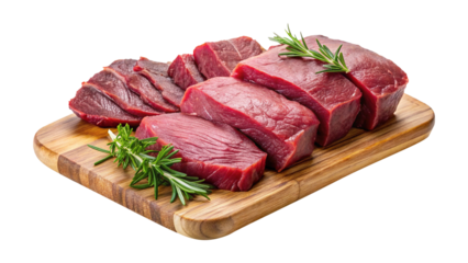Fresh Raw Red Meat Slices on Wooden Cutting Board with Rosemary